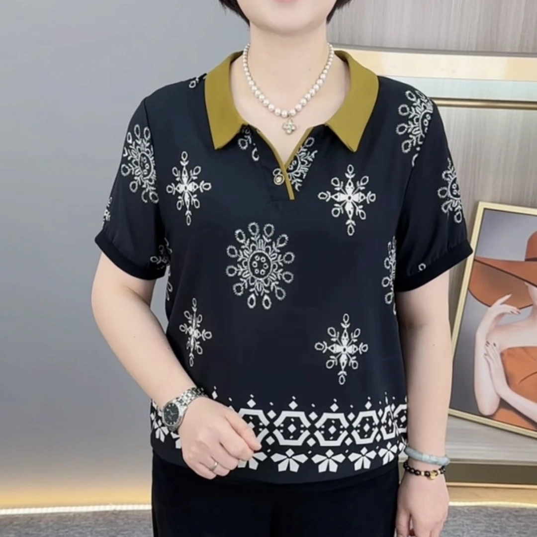 夏季新款时尚翻领印花气质妈妈装休闲气质百搭薄款短袖上衣H162