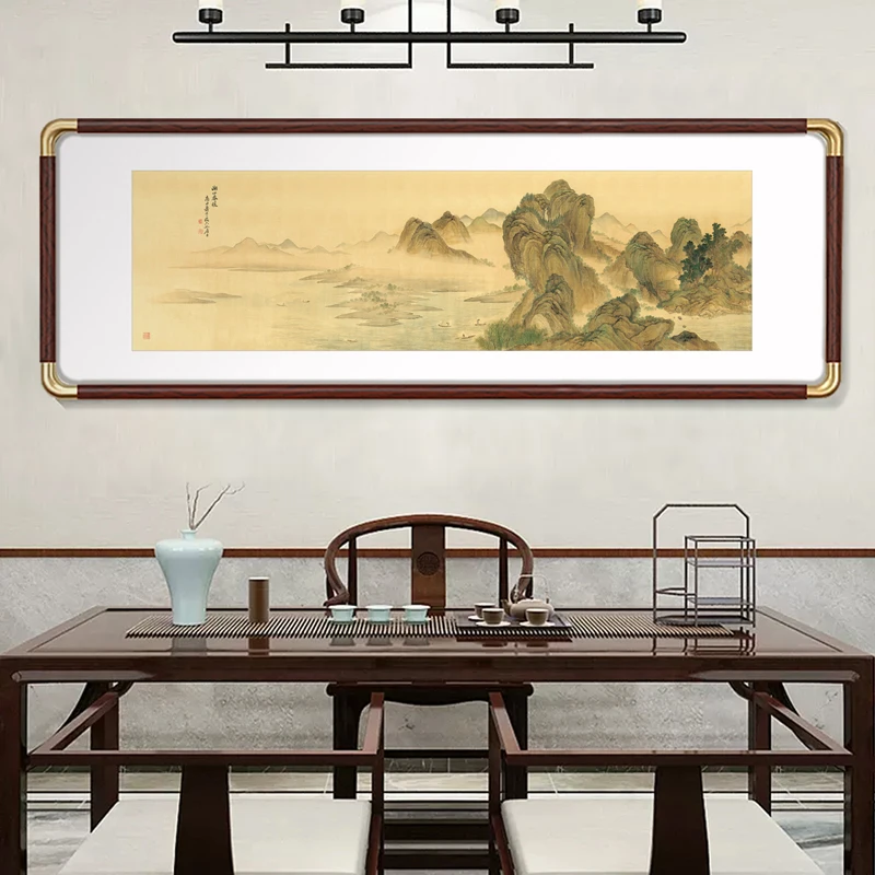 湖山春暖图中古风艺术客厅装饰画新中式背景壁画茶室山水挂画复刻