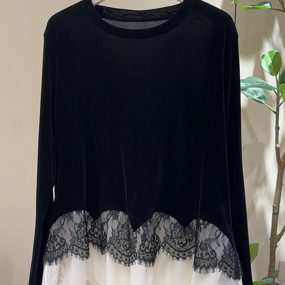 胖人坊法式蕾丝植绒衫4945衣长68