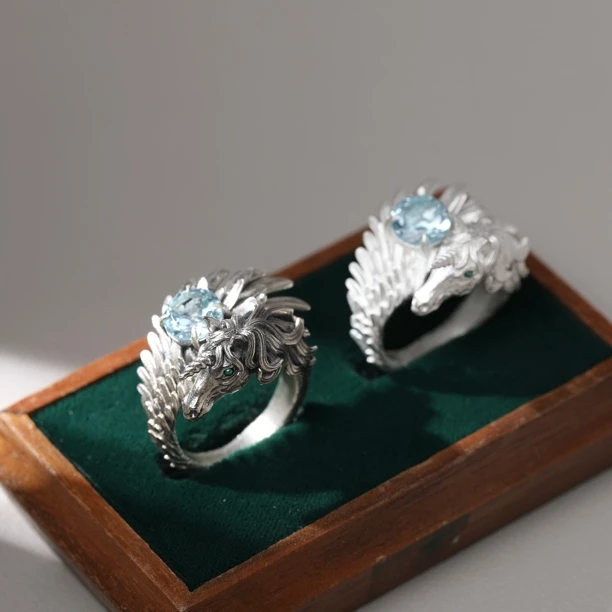 925银戒指 周因音原创925纯银独角兽开口戒指可爱小马指环情侣