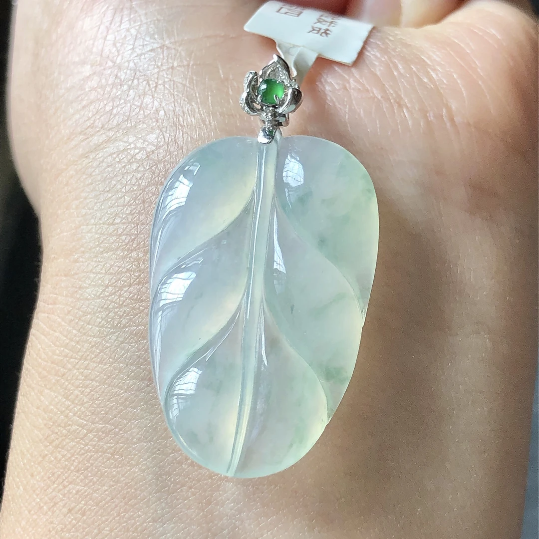 缅甸天然A货翡翠18k金镶嵌老坑冰种金枝玉叶吊坠尺寸39.5/21.7/5