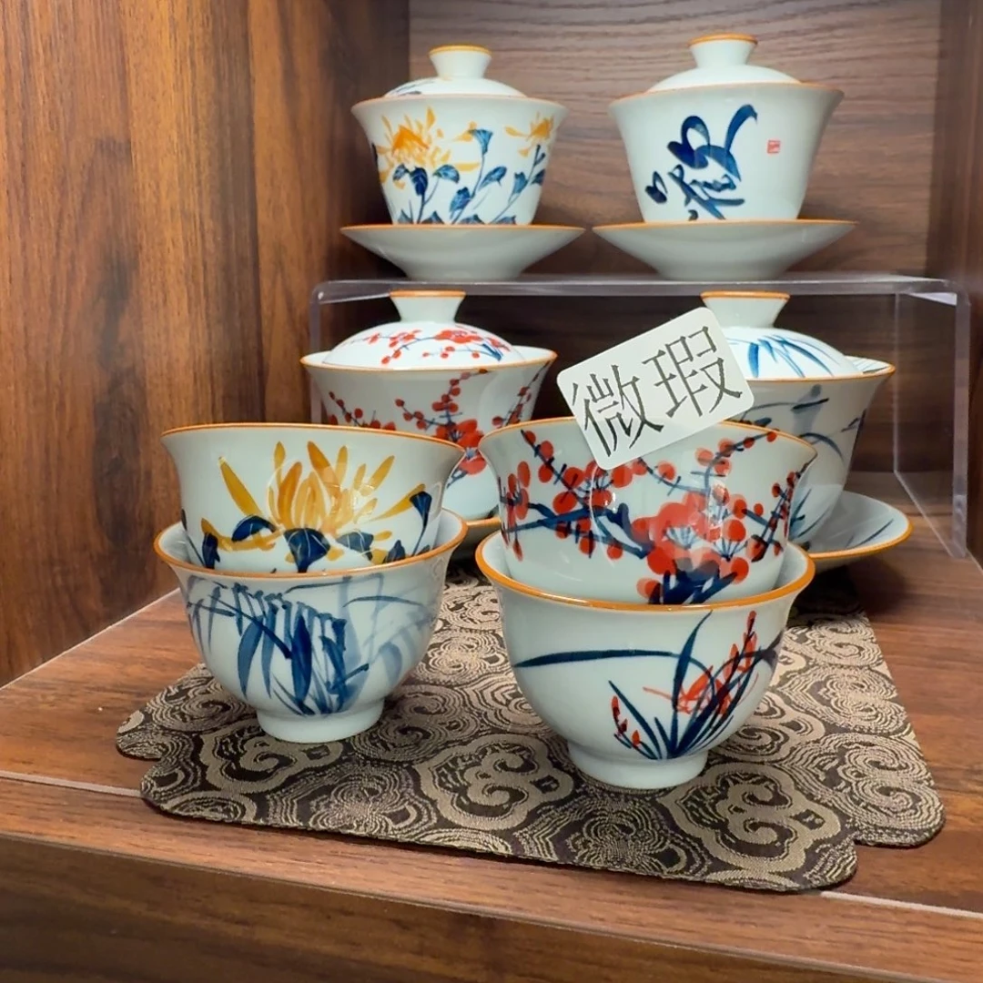 釉下手绘茶具微瑕