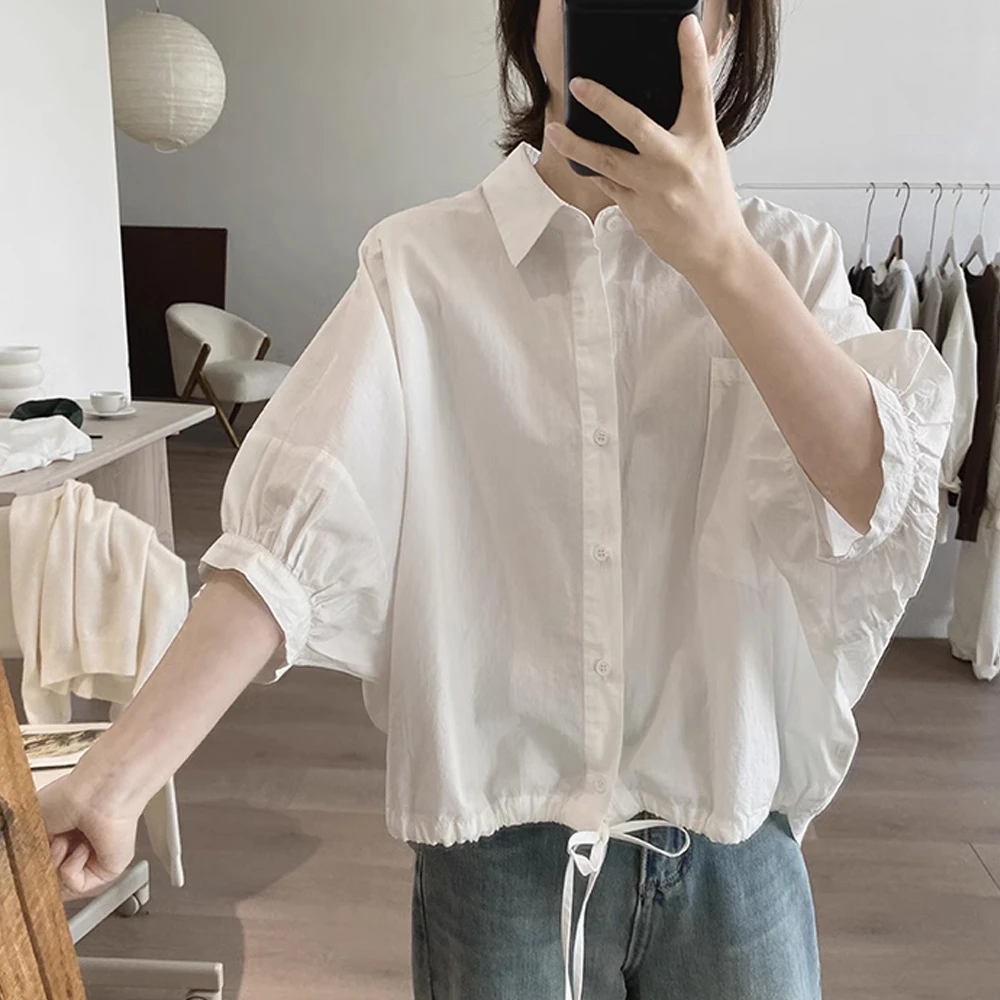 夏季新款棉质衬衫女宽松大码显瘦韩版简约小众设计感短款减龄上衣