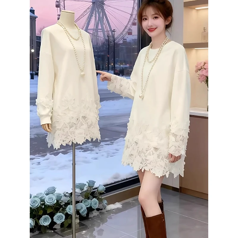 芯娇晴秋冬加绒白色蕾丝拼接内搭打底衫女士宽松显瘦长袖T恤上衣