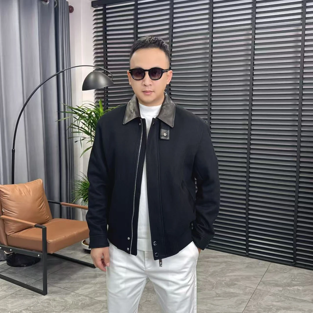 张先生欧货•777冬季男士商务休闲羊毛混纺拼皮翻领鹅绒羽绒外套