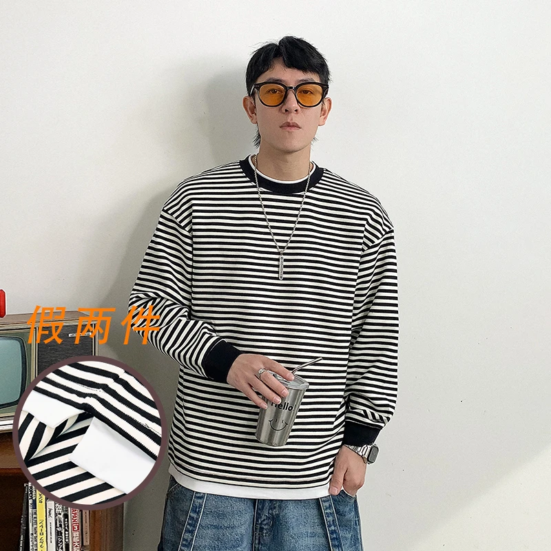 徐太浪时尚撞色条纹假两件卫衣男春季2025新款宽松内搭打底衫上衣