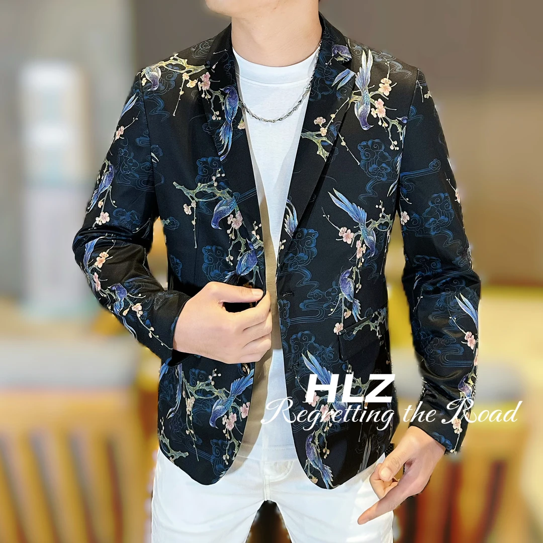 撼路者家男士2024秋季新款修身喜鹊枝头图案时尚个性韩版潮流西装
