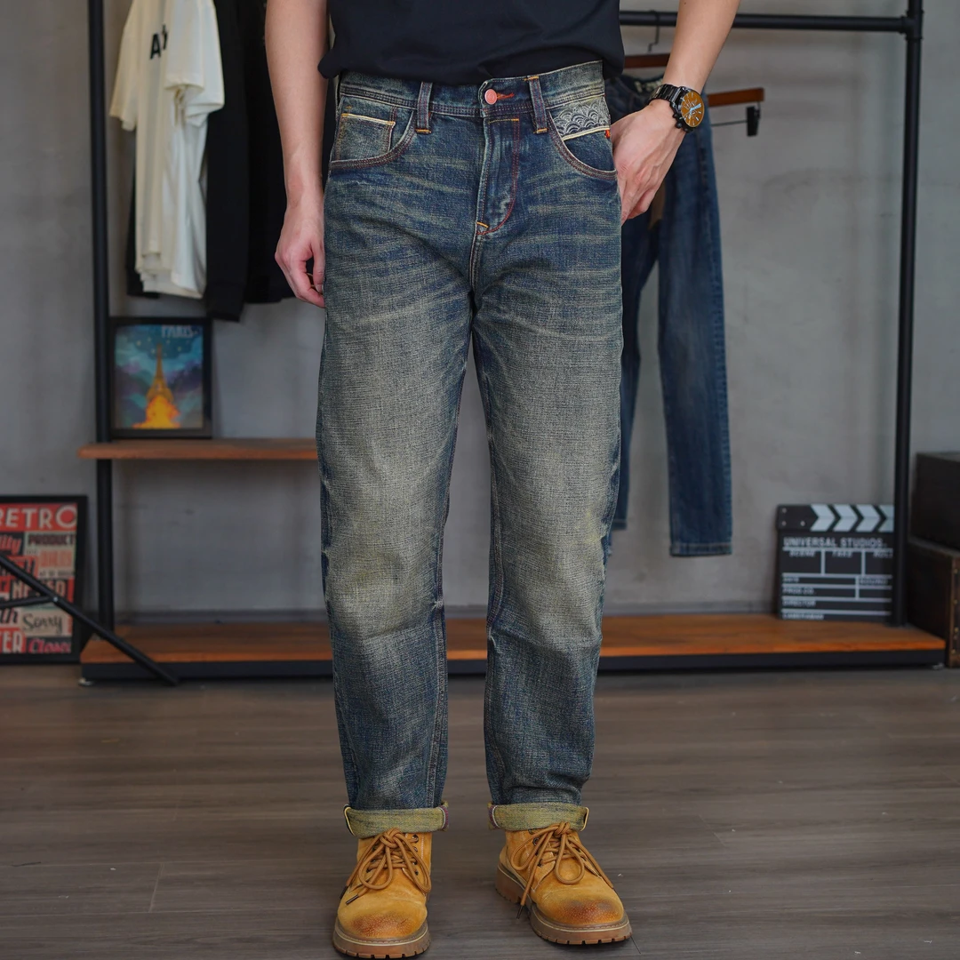 DH81083秋冬中腰赤耳丹宁复古怀旧蓝微弹牛仔裤复古粗犷男装水洗