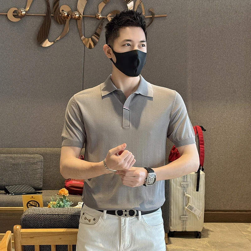 2025夏季轻奢男士纯色冰丝T恤圆领短袖时尚男款百搭休闲修身透气