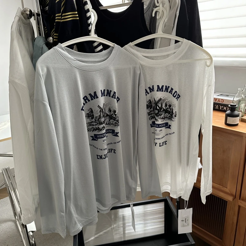 夏季轻薄凉感 莱赛尔天丝美式印花防晒长袖t恤 慵懒感百搭透气tee