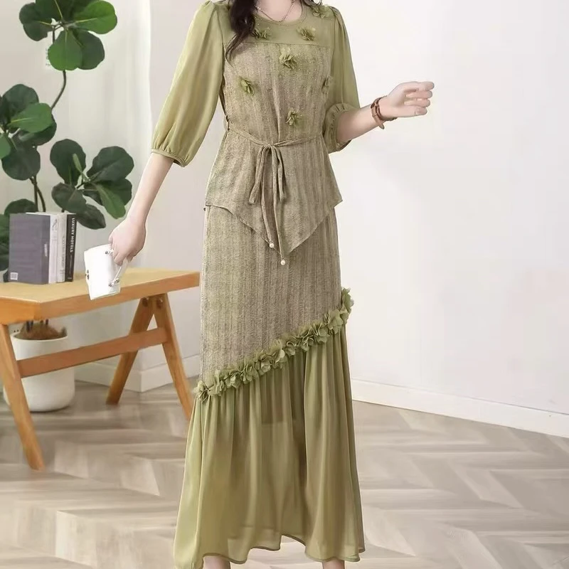 夏韩系高级感连衣裙女网纱拼接新款立体花长裙两件套A14805