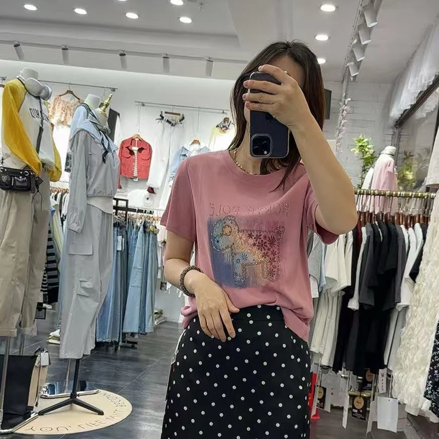 夏季新品时尚简约百搭休闲圆领短袖T袖小衫上衣女小狗图案减龄潮