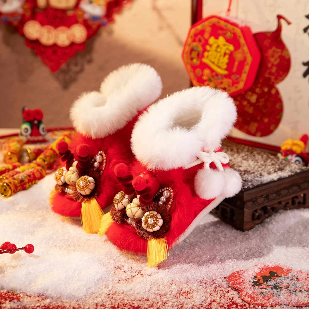 童款毛毛鞋新中式虎头鞋冬季棉鞋民族风虎头拼色棉靴毛靴宝宝鞋子