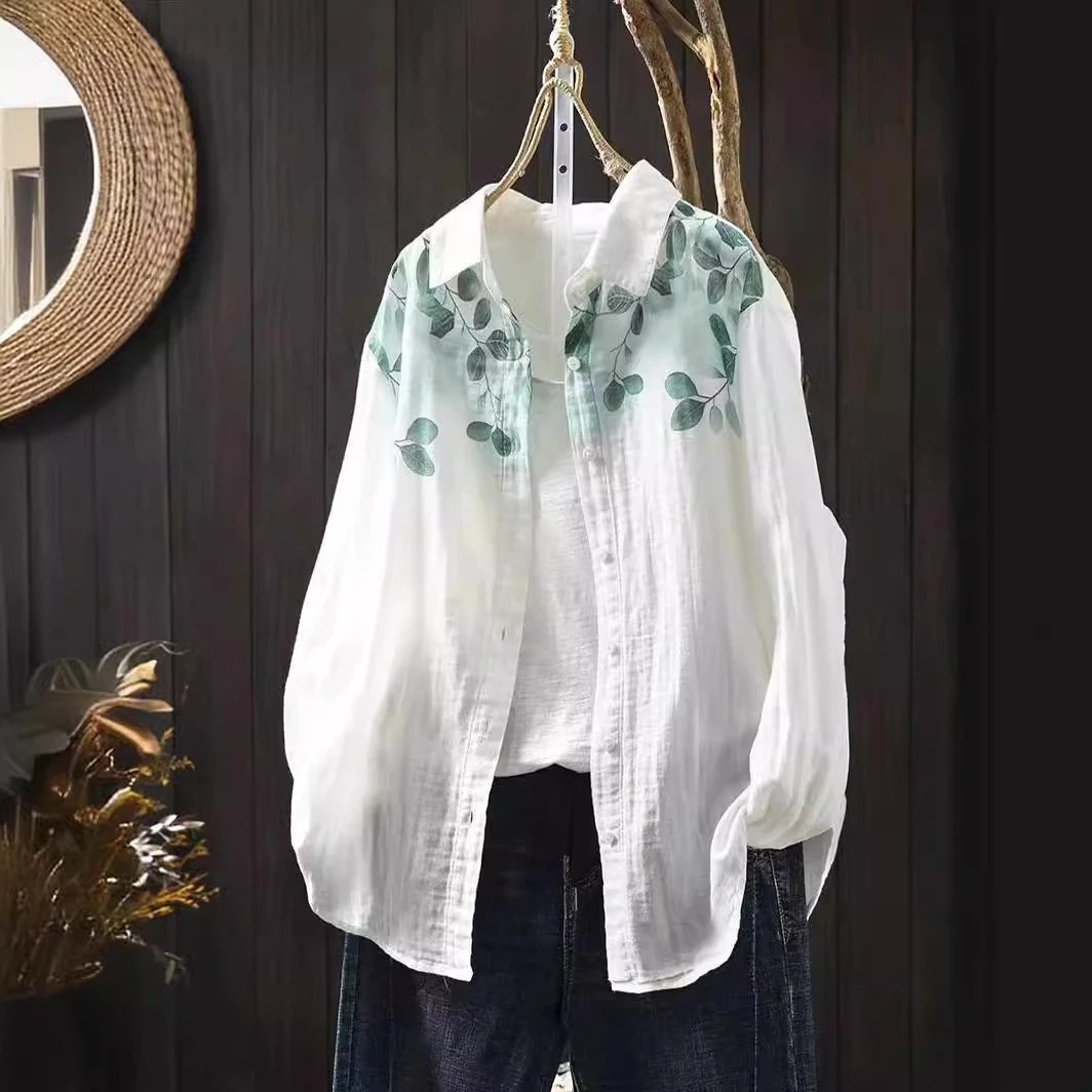 古咖服饰水墨印染双层棉纱长袖衬衫女装宽松显瘦文艺休闲打底上衣