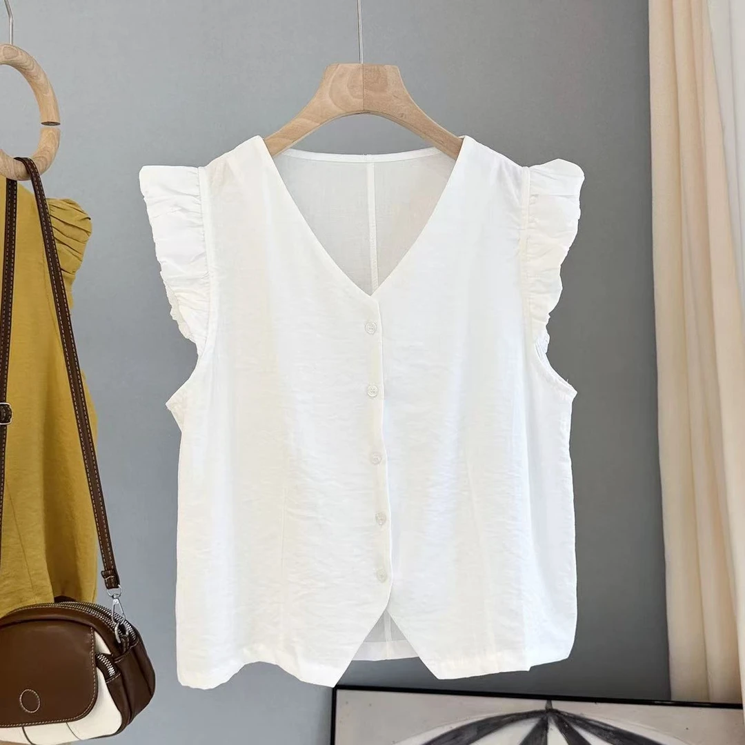 无袖女装宽松型夏季休闲收腰衬衫小衫设计感夏季休闲时尚v领气质