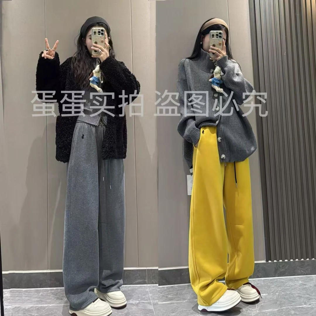 【小马刺绣升级厚绒】宽松抽绳松紧腰高腰阔腿裤