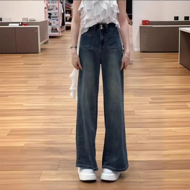 女款阔腿裤爆款破洞裤裤子薄款早秋微喇裤宽松复古女阔腿牛仔裤
