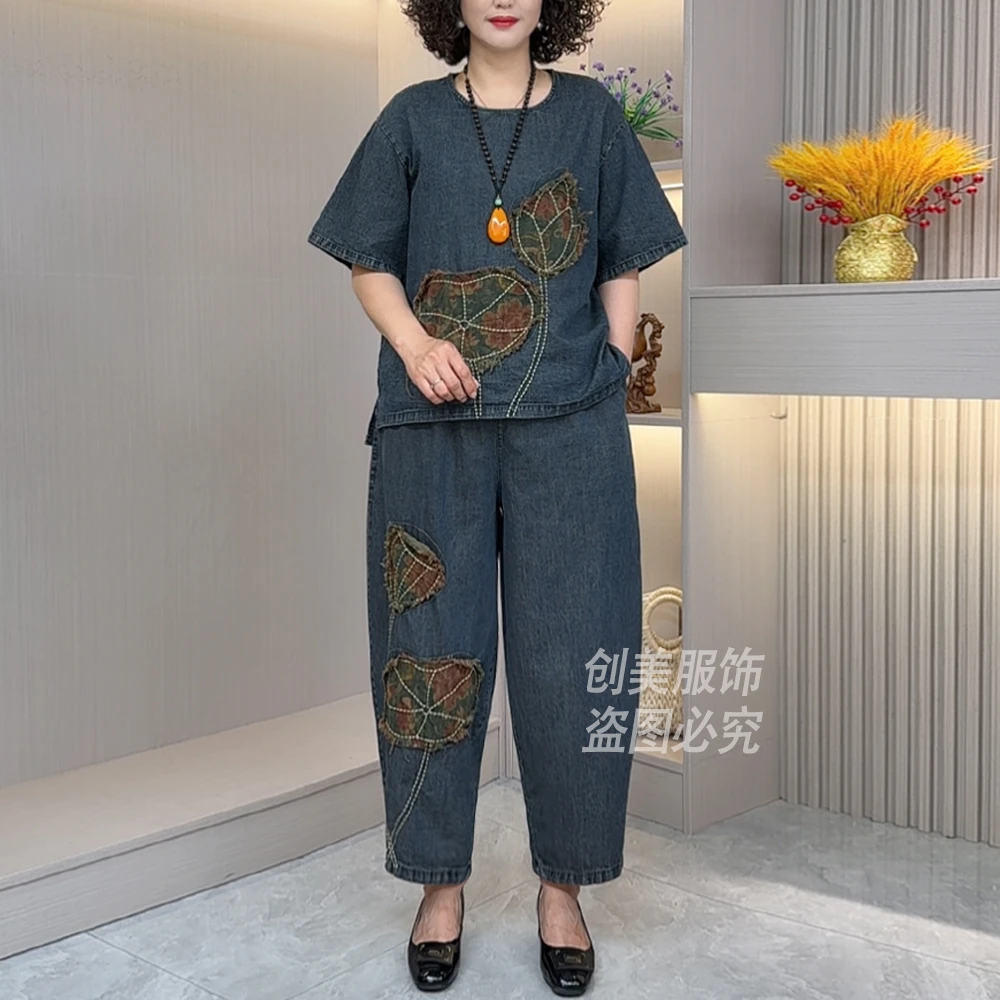 2025年新款夏季刺绣水洗牛仔棉休闲宽松短袖两件套妈妈装6106