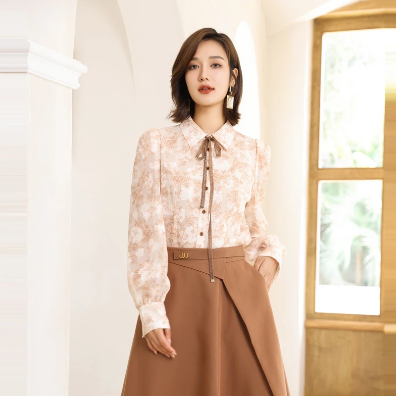 婉甸2025春季新品奶茶桔印花长袖衬衫优雅风X型1241S15RS4YX