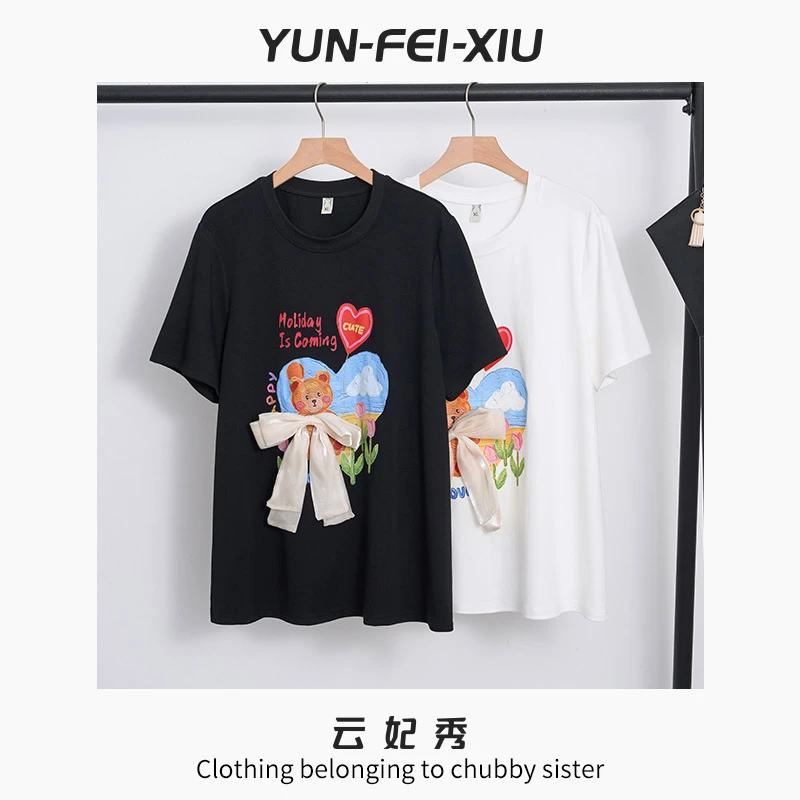 云妃秀大码女装T恤时尚圆领图案微胖显瘦韩版通勤上衣减龄夏5012