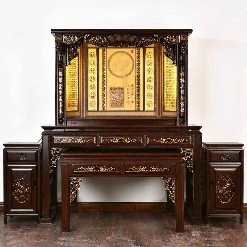 实木楠木中式莲花描金方桌龛柜
