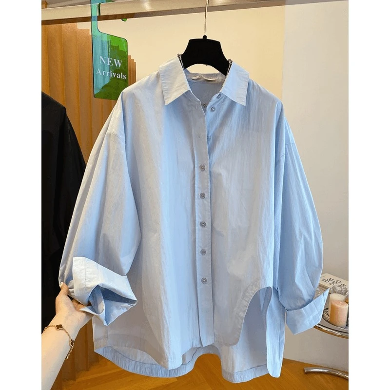 5189新款韩国东大门蓝色衬衫女长袖宽松不规则设计感松弛感上衣春