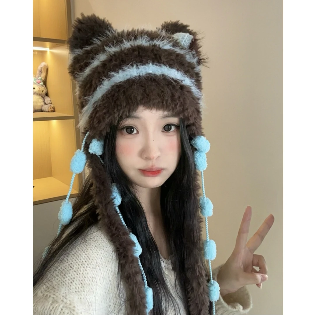 一帽两戴包包帽可爱流苏猫耳帽显脸小秋冬保暖毛绒护耳帽