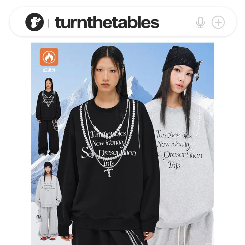 【7/1820:00新品】Turnthetables珍珠标语项链印花圆领卫衣黑色卫衣