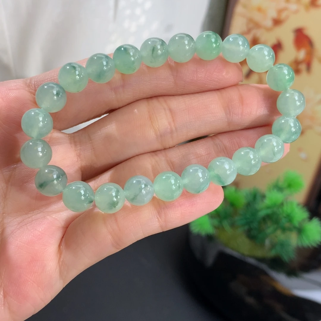 翡翠未镶嵌手串卡8冰胶晴飘绿花手串