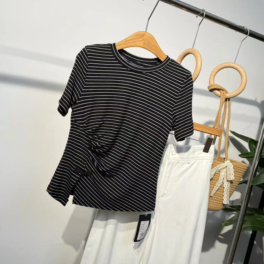 时尚褶皱横条圆领短袖ZBS33294衣长55