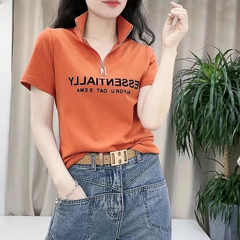 夏季新款纯棉拉链设计百搭上衣女时尚立领字母印花短袖T恤打底衫