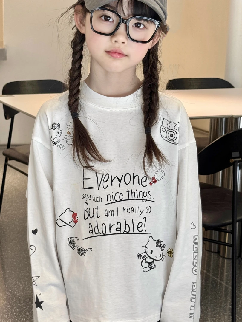小森林女童宽松大T恤春款2025新款kitty印花破洞棉长袖上衣25123