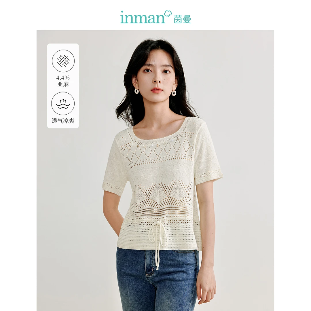 【商场同款】茵曼法式亚麻方领针织衫女2024年夏季新款抽绳短上衣