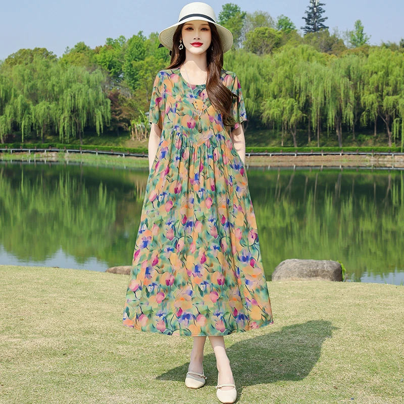 夏天显年轻女士棉绸连衣裙洋气妈妈显瘦过膝宽松碎花减龄气质裙子