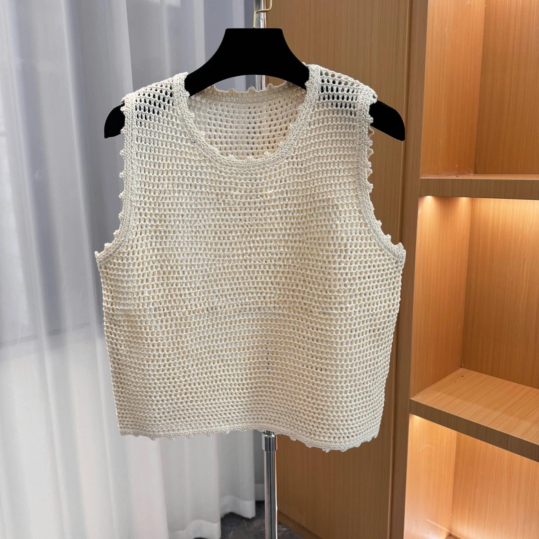 <猪猪出品>2025上新米白色女百搭打底镂空牙边女士夏季潮流背心