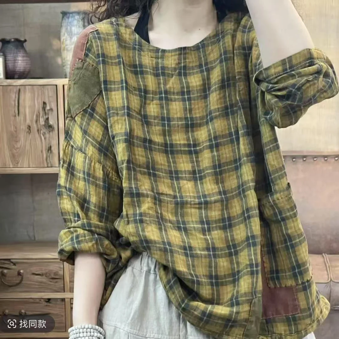 YM 67229 春季新品圆领套头格子亚麻女士上衣 胸围134长63