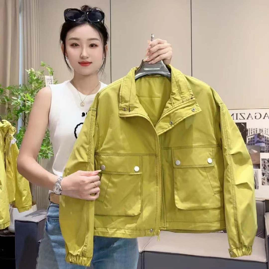 早秋新款明线口袋立领设计款韩版风衣短外套379