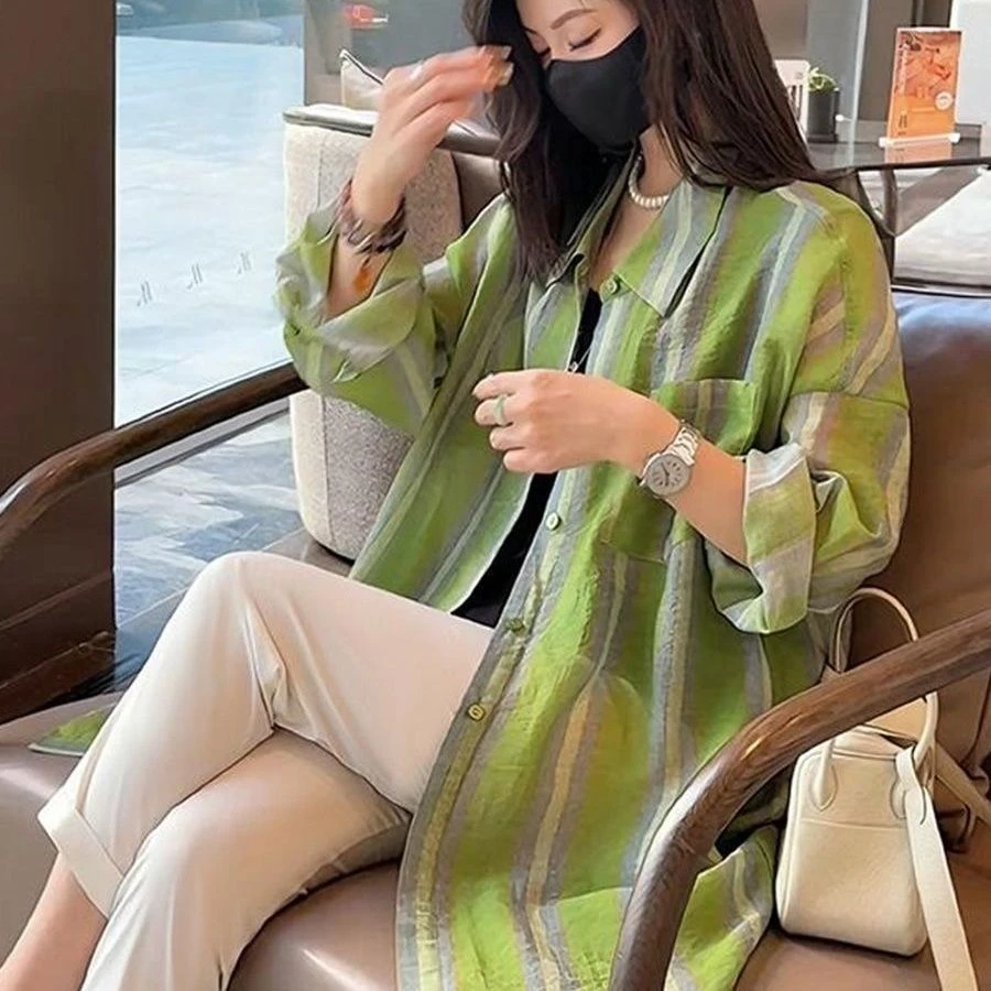 韩系绿色条纹领衬衫女2025春季新款时尚气质衬衣遮肉显瘦上衣
