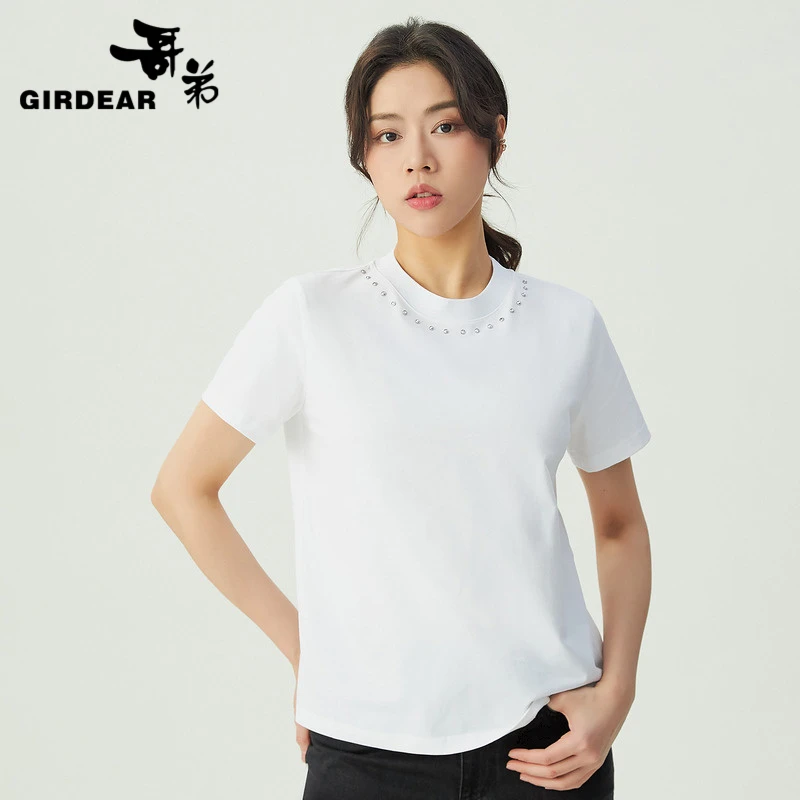 GIRDEAR/哥弟 时尚显瘦百搭精致烫钻圆领短袖T恤女士   1300966