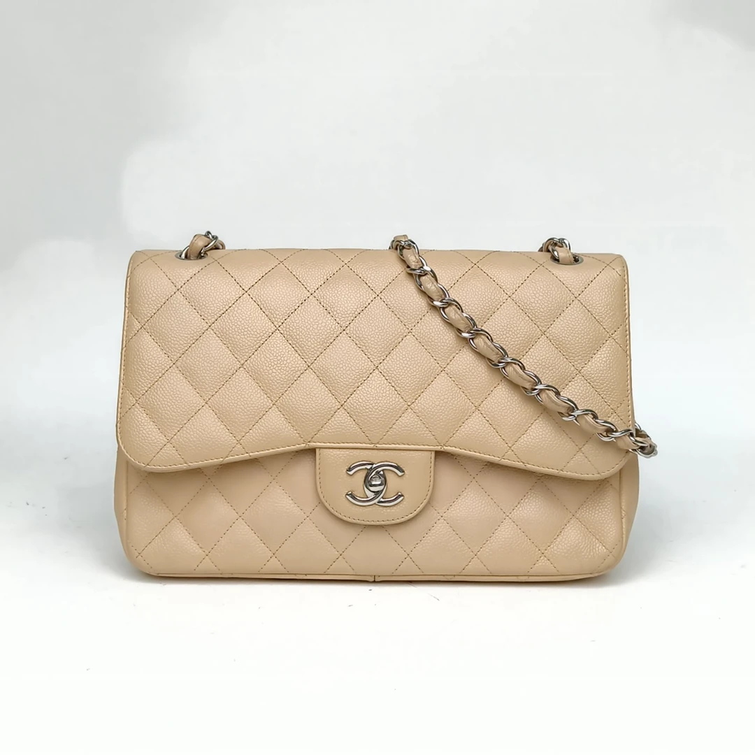 95新 Chanel/香奈儿 【黑黑】CF 口盖包 JUMBO 奶茶色 14开 银扣