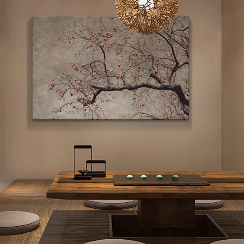 新中式事事如意柿子客厅挂画茶室办公室餐厅侘寂风高级感砂岩画