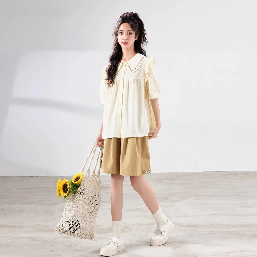 女童夏套2025新款初中生女孩翻领衬衫夏季女大童休闲漂亮套