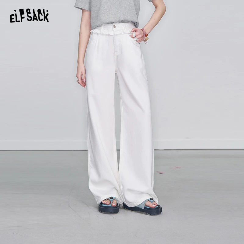 9035【金拐子】妖精的口袋花边拼接白色直筒牛仔裤女春季新款