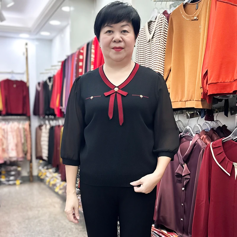 春夏新品七分袖女士妈妈装针织衫薄V领中老年女装时尚洋气T恤上衣