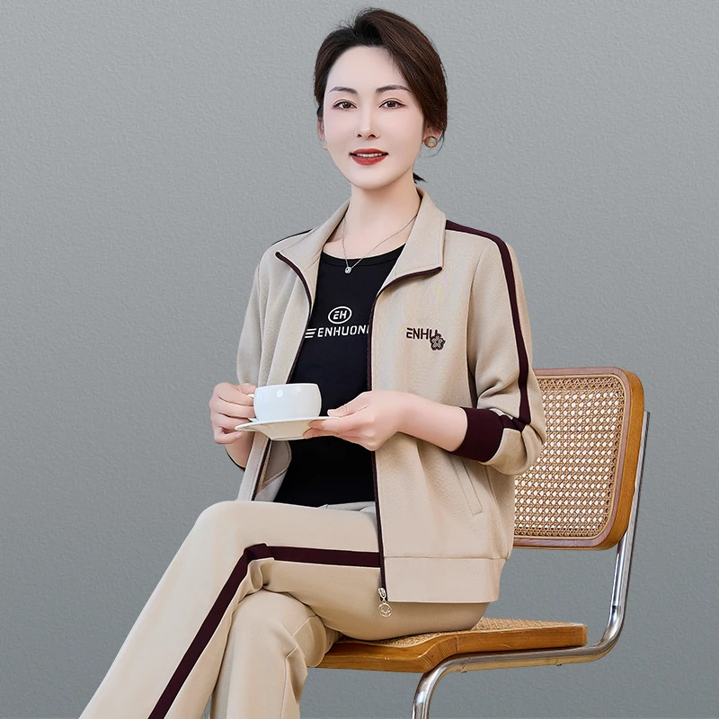 恩狐春季运动服套装女新款宽松洋气妈妈春装时尚休闲三件套