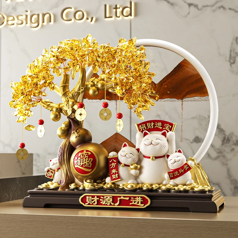 福禄发财树招财猫摆件背靠金山客厅玄关架办公室店铺前台开业礼品