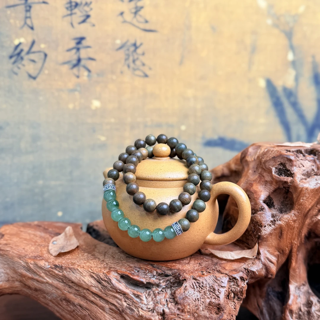 DA 1132-绿檀双圈带琉璃双铜隔珠绿檀木（无礼盒）