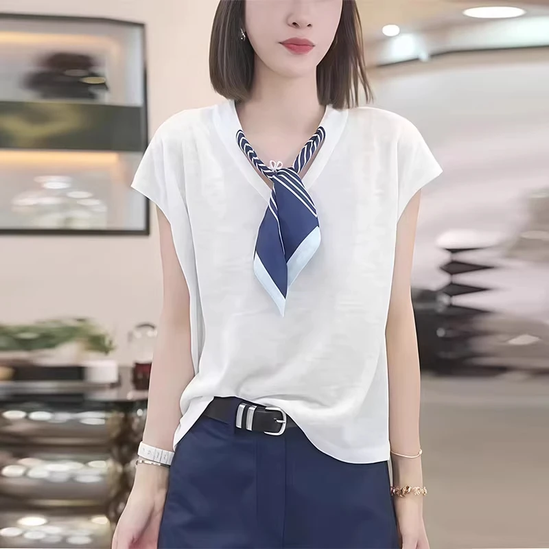 法式丝巾百搭绑带小飞袖针织衫女2025夏季新款洋气时尚T恤上衣潮