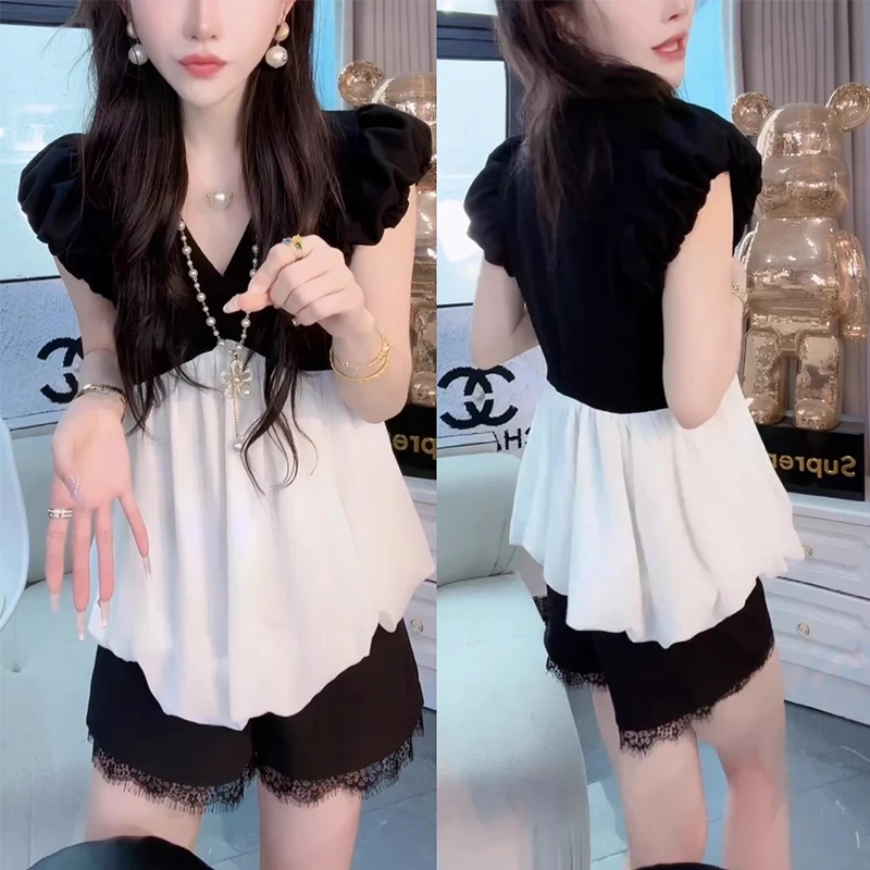 法式气质假两件拼色短袖衬衫女2025夏季新款设计感无袖体恤上衣潮