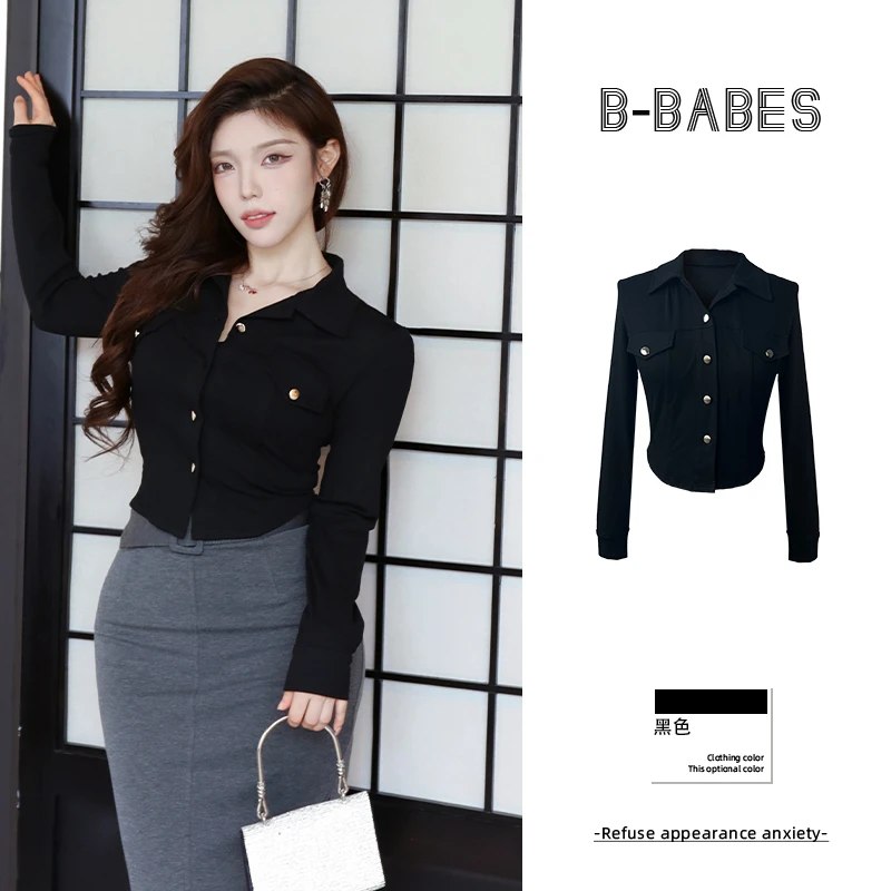 B-babes【超优比例】美式复古翻领长袖衬衫收腰设计感修身衬衣上衣